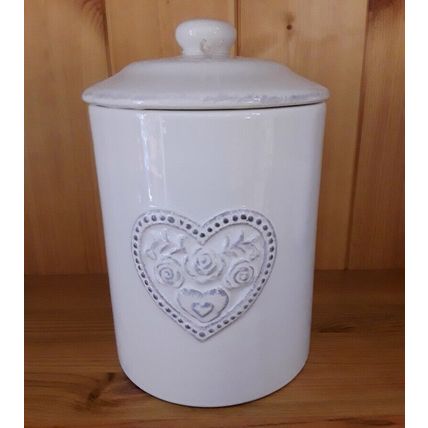 White Ceramic Storage Jar with Floral Heart Detail - Set of 3