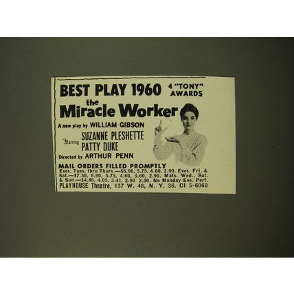 1961 The Miracle Worker Play Advertisement - Best Play 1960 4 Tony Awards