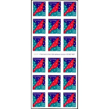 Holiday Cardinal Pane of Eighteen 29 Cent Postage Stamps Scott 2874a
