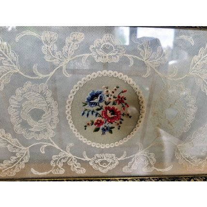 Vintage Petit Point Bedroom Vanity Tray, Brass Filigree, Embroidery, Antique