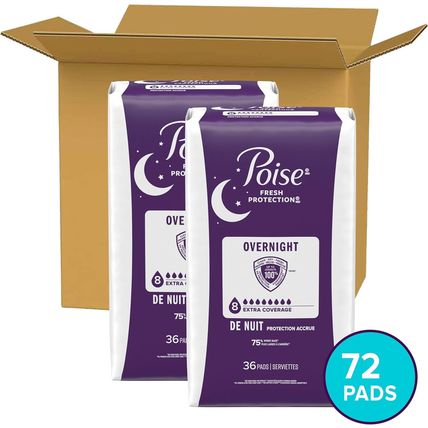 Poise Overnight Incontinence & Postpartum Pads for Bladder Leaks, 8 Drop Extra C