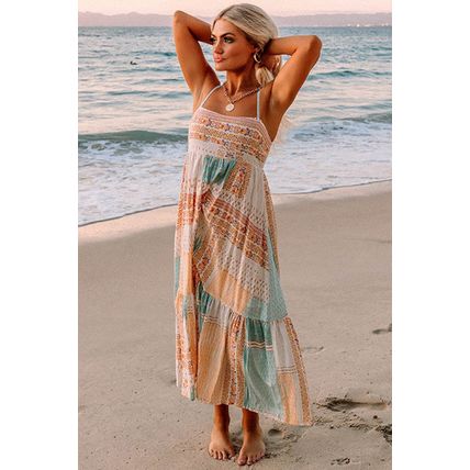 Multicolor Boho Patchwork Print Square Neck Sundress