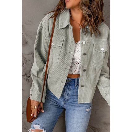 Sky Blue Raw Hem Flap Pockets Cropped Corduroy Jacket