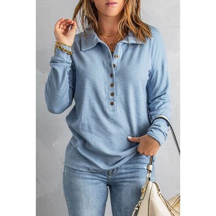 Sky Blue Button Front Turn-down Neck Knit Top