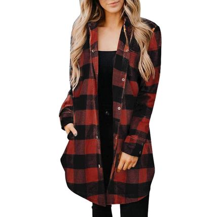 Turn-down Collar Plaid Shirt Coat For Women