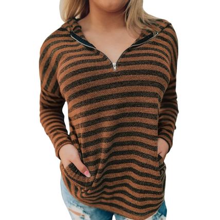 Brown Striped Knit Quarter Zip Hoodie
