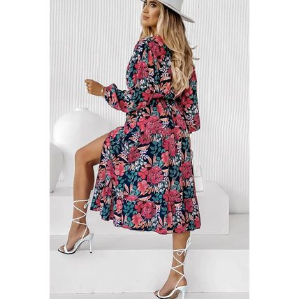 Red V Neck Elastic High Waist Split Floral Dress