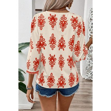 Orange Vintage Geometric Printed 3/4 Sleeve V Neck Blouse