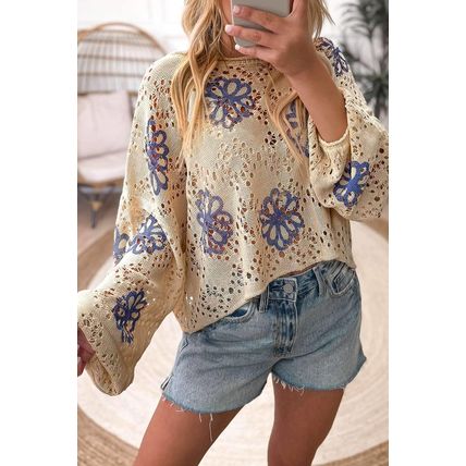 Beige Contrast Flower Print Eyelet Drop Shoulder Sweater