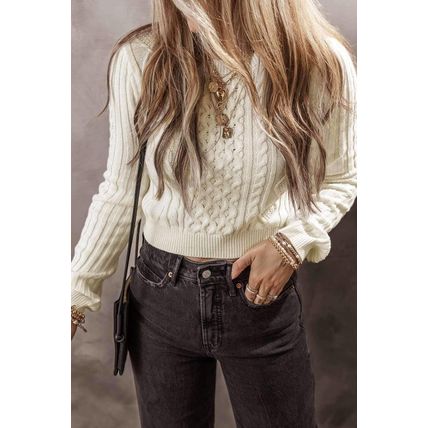 White Cable Knit Cropped Sweater