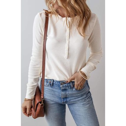 White Solid Color Waffle Half Button Long Sleeve Top