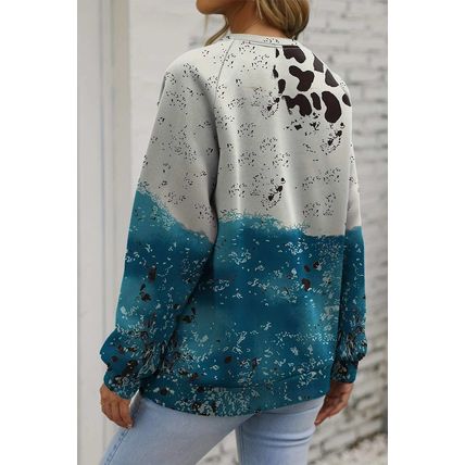 Blue Tie Dye Cow Color Block Pullover Sweatshirt
