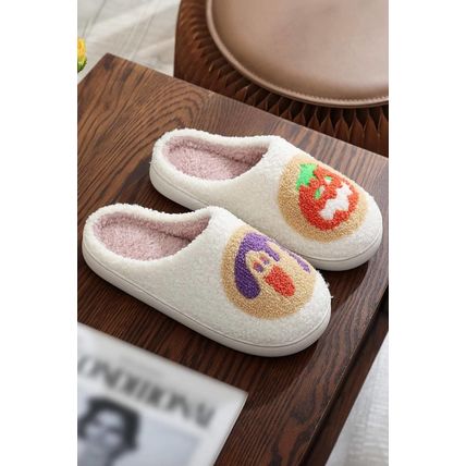 White Halloween Pumpkin Plush Winter Home Slippers