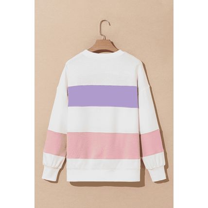 Beige Colorblock Patchwork Drop Shoulder Crewneck Sweatshirt