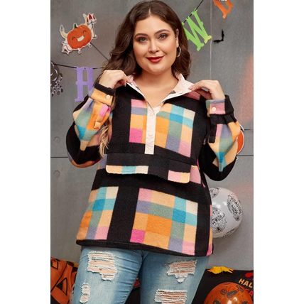 Black Plus Size Checkered Print Sherpa Henley Sweatshirt
