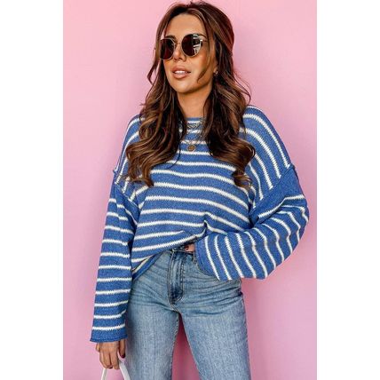 Sky Blue Stripe Drop Shoulder O Neck Plus Size Sweater