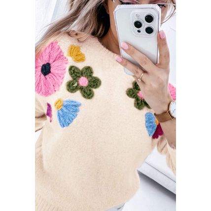 Beige Plus Size Crochet Flower Pullover Sweater