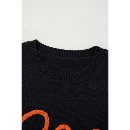 Black Boo Knitted Pattern Ribbed Edge Drop Shoulder Sweater