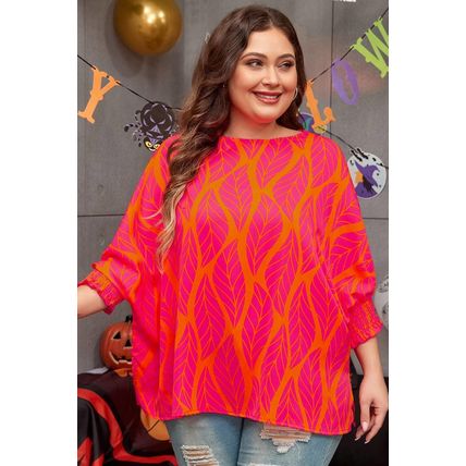 Rose Leafy Printed Smocked Lantern Sleeve Plus Size Blouse