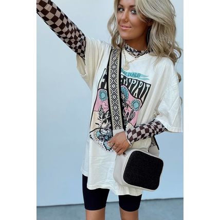 Black Checkered Pattern Mesh Mock Neck Long Sleeve Top
