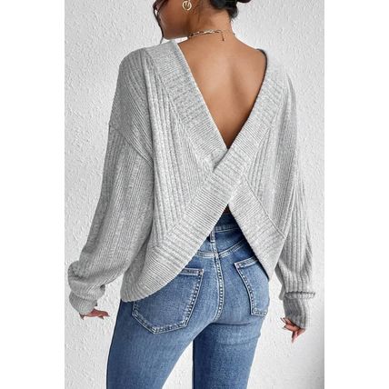 Light Grey Textured Crossover Backless Knit Long Sleeve Top