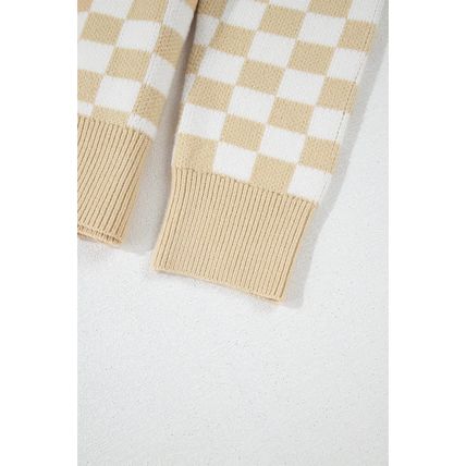 Apricot Checkered Buttons Collar V Neck Drop Shoulder Sweater