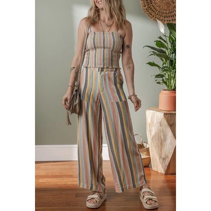 Multicolour Vertical Striped Smocked Cami Top Wide Leg Pants Set