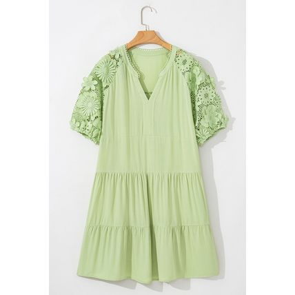 Laurel Green Floral Crochet Short Sleeve Notch V Neck Tiered Plus Size Mini Dres