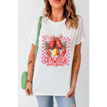 White Checkerboard Bow Crawfish Season Printed Crewneck T Shirt