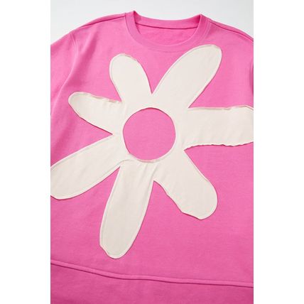 Sachet Pink Contrast Flower Drop Shoulder Loose T Shirt