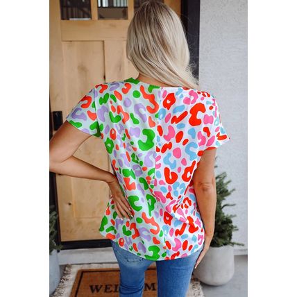 Green Contrast Leopard Print V Neck Short Sleeve Blouse