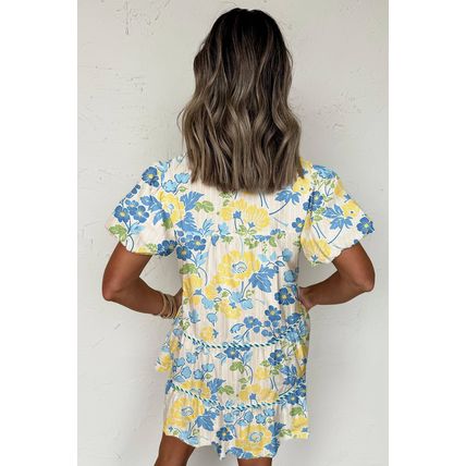 Blue Floral Striped Trim Puff Short Sleeve Dress
