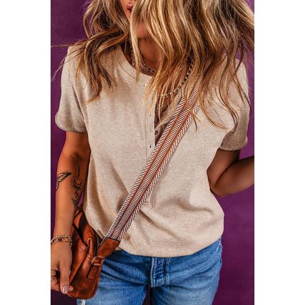 Oatmeal Short Sleeve Half Button Ribbed Knit Top