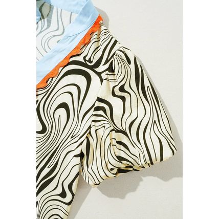 White Zebra Stripe Print Contrast V-Neck Ricrac Detail Short Sleeve Blouse Top