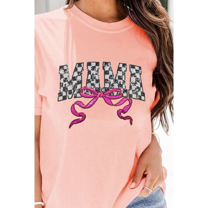 Pink Sequin Checkered MAMA Bow Graphic T Shirt