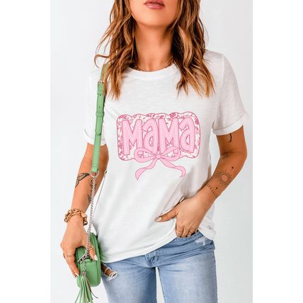 White MaMa Bowknot Graphic Crewneck Mothers Day T Shirt