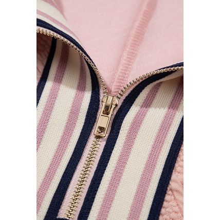 Light Pink Striped Collared Zip up Textured Skirt Set