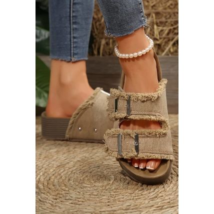Pale Khaki Double Buckle Straps Hollow Out Frayed Detial Retro Slippers