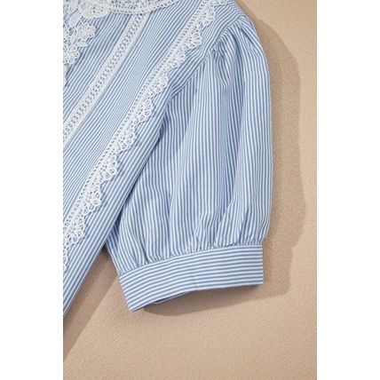 Sky Blue Stripe Floral Lace Splicing Puff Sleeve Blouse