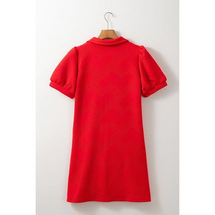 Fiery Red Sequin American Flag Patched Polo Collar Textured T Shirt Dress
