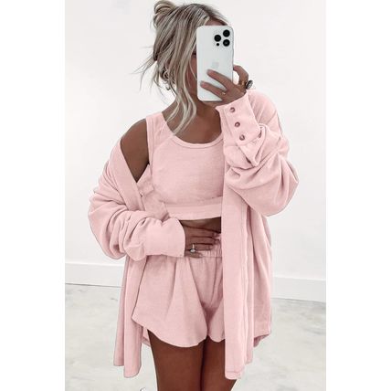 Light Pink 3 Pcs Crop Tank Top Shorts with Cardigan Lounge Set