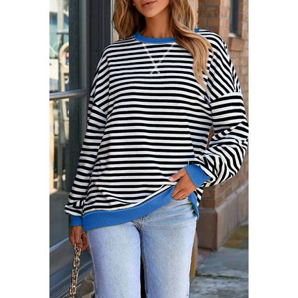 White Stripe Striped Contrast Ribbed Trim Crossed Stitch Drop Shoulder Sweatshir