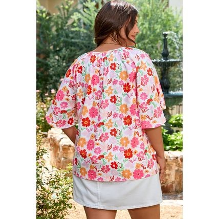 White Floral Split V Neck Wide Short Sleeve Plus Size Blouse Top