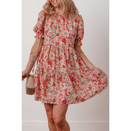 Multicolour Floral Print Frilled Neck Puff Sleeve High Waist Dress