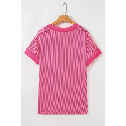 Rose Red Twisted Ribbed Knit V Neck Casual Tee