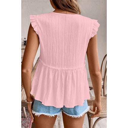 Light Pink Textured Ruffled Trim V Neck Flutter Flowy Top