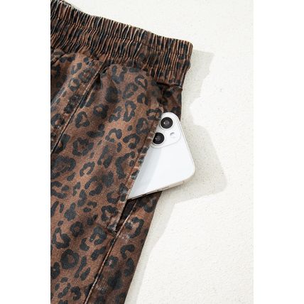 Brown Leopard Print Elastic Waist Drawstring Denim Skort