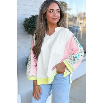 White Floral Colorblock Patchwork Chest Pocket Notched Neck Long Sleeve Top