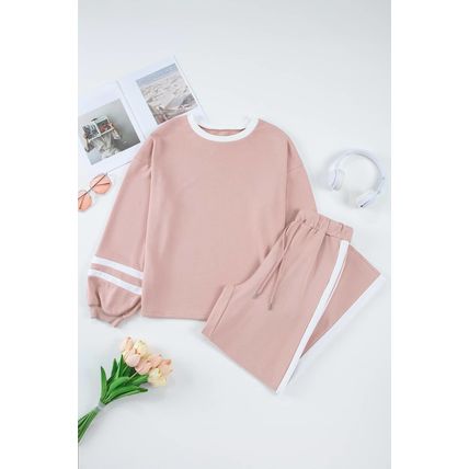 Pink Varsity Stripe Patchwork Puff Sleeve Pullover Drawstring Wide Leg Pant Set
