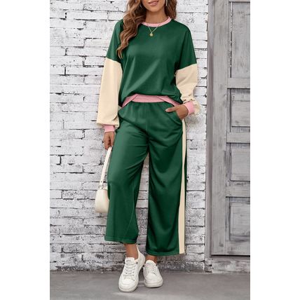 Blackish Green 2pcs Color Block Pullover Loose Pant Set